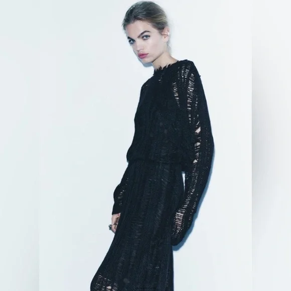 ZARA NWT Shredded Open Knit Distressed Black Blend Lace Midi Dress size S  Luxury